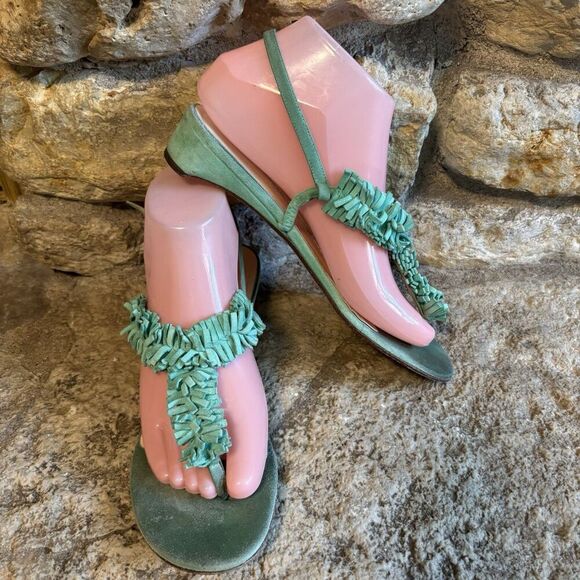 KATE SPADE Boistero T-Strap Suede Aqua Fringe Sandals Heel Shoes Thongs 7.5 $295 - Picture 1 of 7